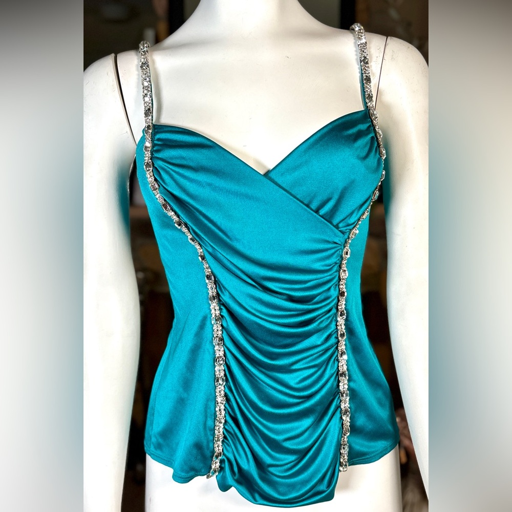 Charles Chang Lima 100% Silk Ruched Cross Top Teal Camisole w/ Rhinestones Sz 10